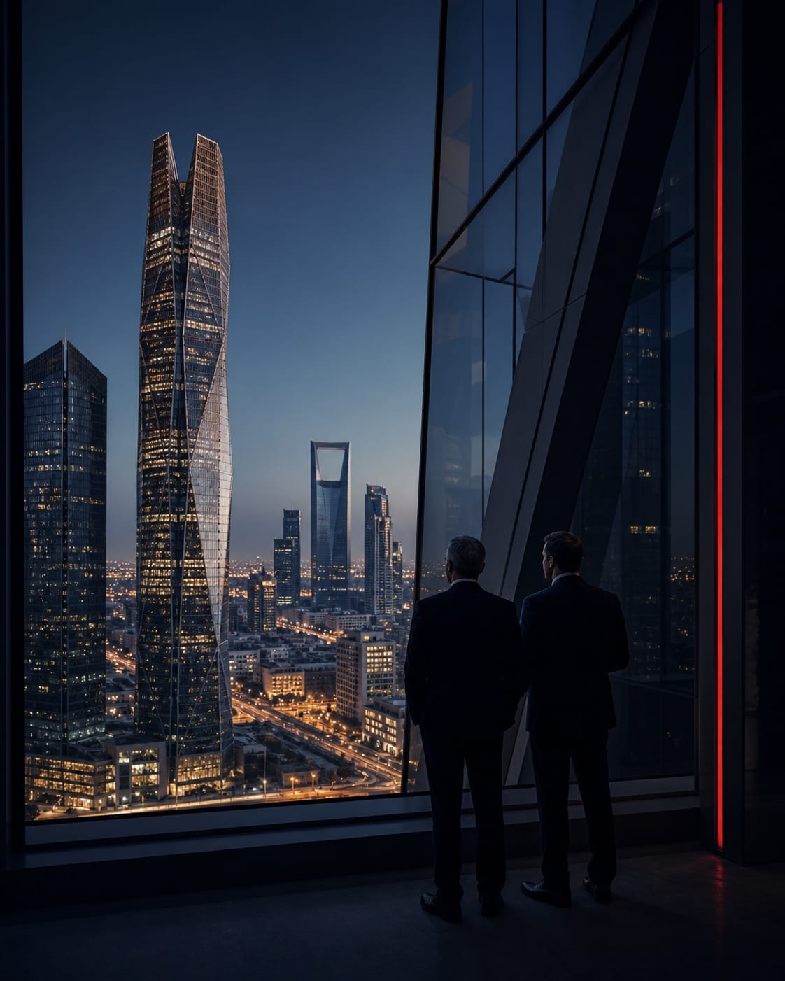 Senior advisors overlooking Riyadh's contemporary business district at blue hour